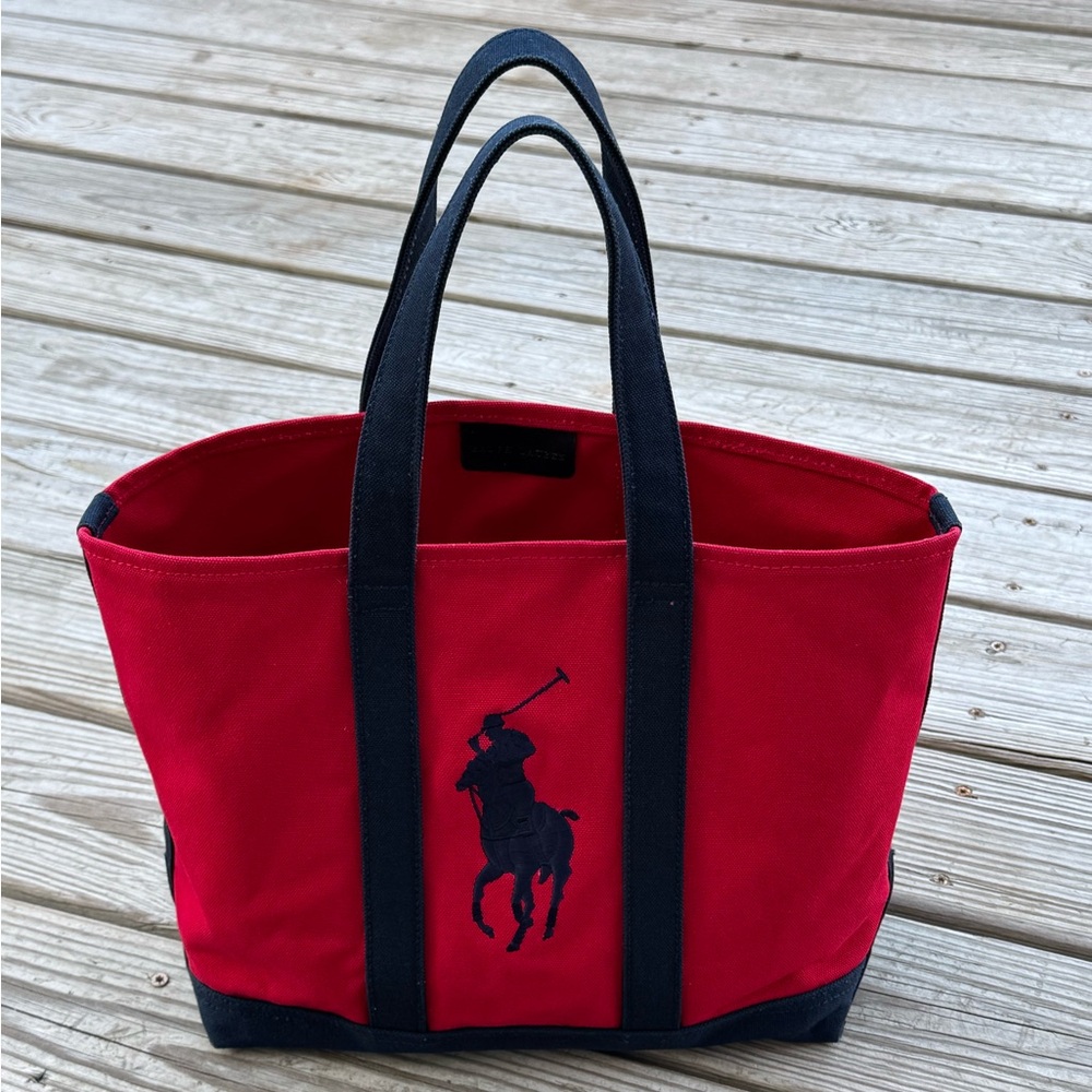 Ralph Lauren Red & Navy Blue Tote Bag with Large Pony Logo